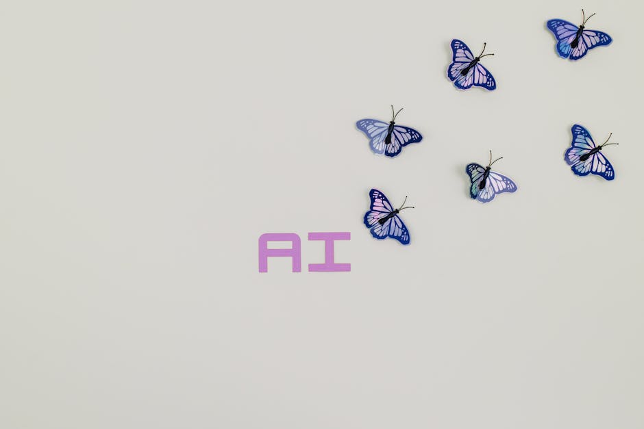A creative image of butterflies flying over the word 'AI' on a soft pastel background, symbolizing innovation.