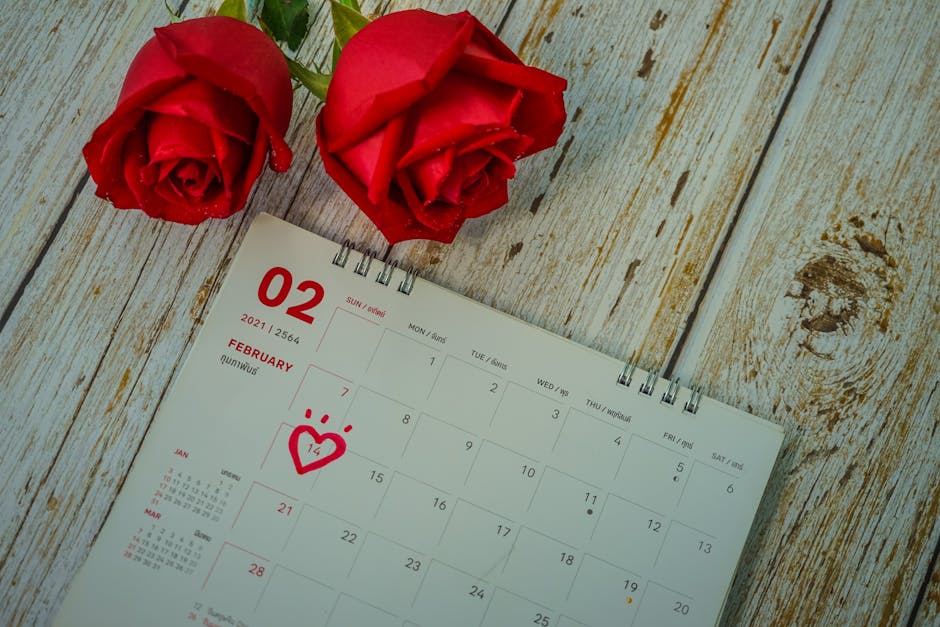 Red roses and a February calendar highlight Valentine's Day with marked date.
