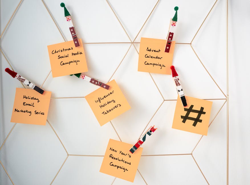 Sticky notes with holiday marketing ideas clipped to a wall grid.