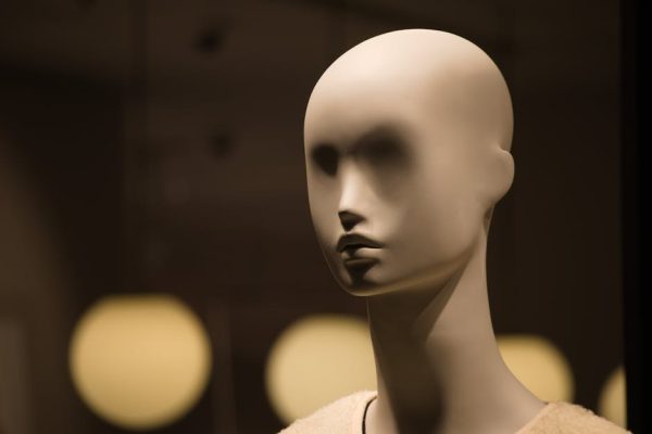 Close-up of an abstract mannequin in soft, moody lighting indoors.
