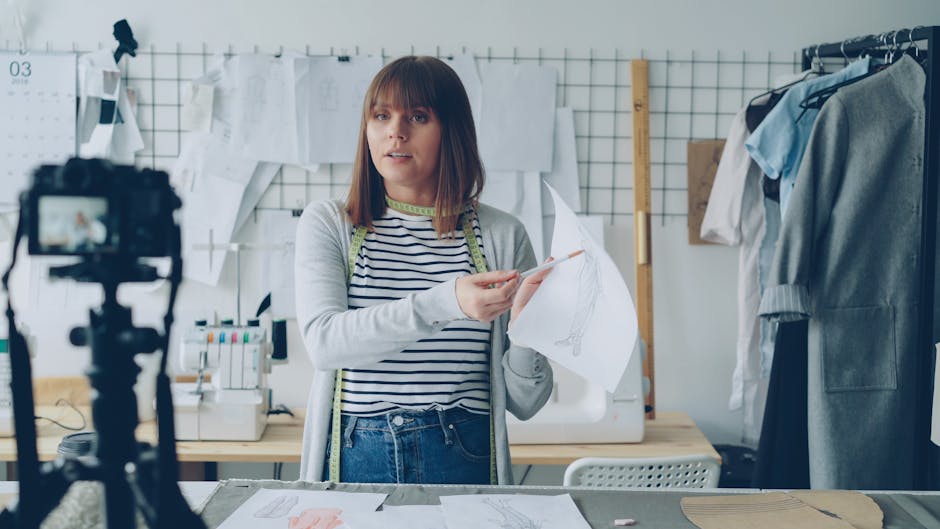 Female fashion designer explaining her sketches on camera in a studio setup.