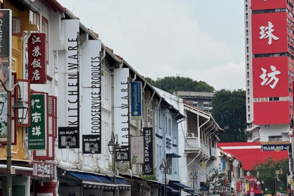 Vibrant street view in Chinatown showcasing diverse shop signage and cultural architecture.