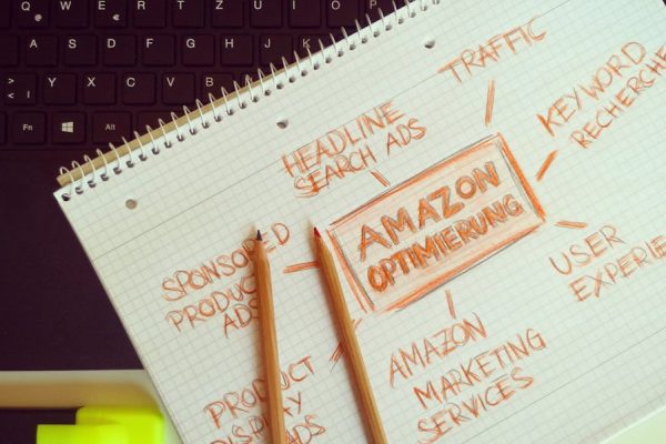 Visual representation of Amazon optimization techniques with handwritten notes and pencils.
