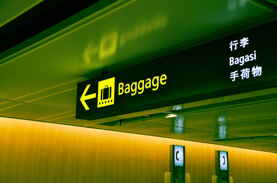 Illuminated airport baggage sign with multilingual translations pointing direction for travelers.