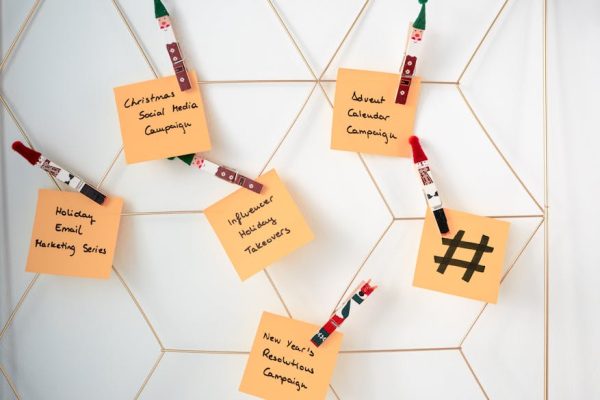 Sticky notes with holiday marketing ideas clipped to a wall grid.
