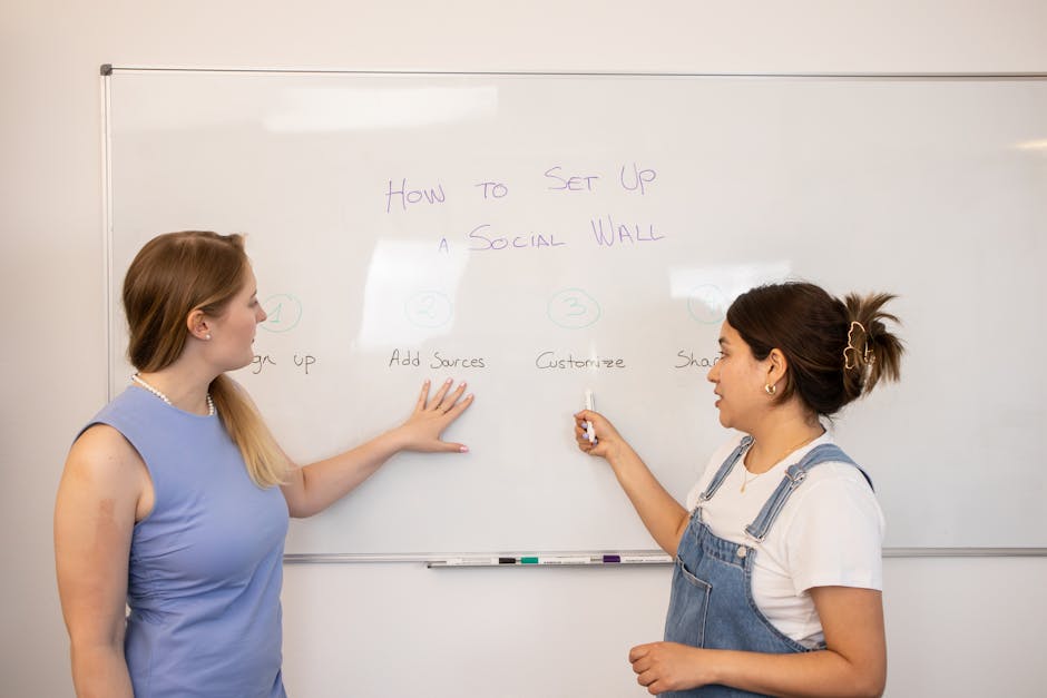 Two women preparing a social media wall on a whiteboard in an office setting.