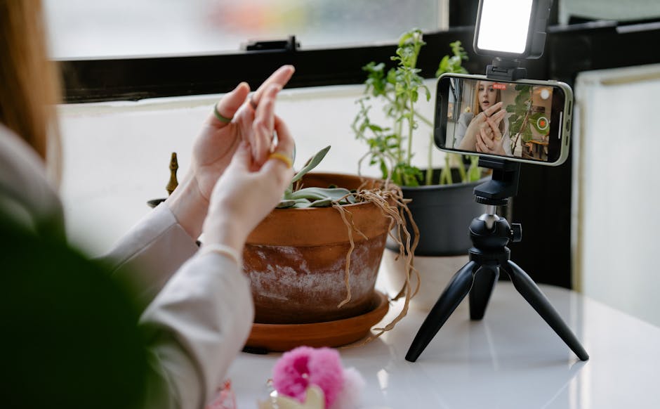A woman uses a tripod-mounted smartphone to record a video indoors with plants in the background.