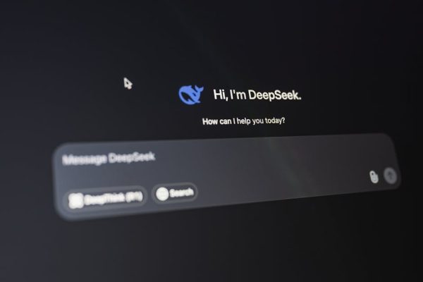 A detailed view of the DeepSeek AI interface, displaying a welcoming message on a dark background.