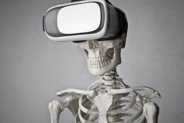 Humorous skeleton with VR headset, blending technology and anatomy in a unique portrait.