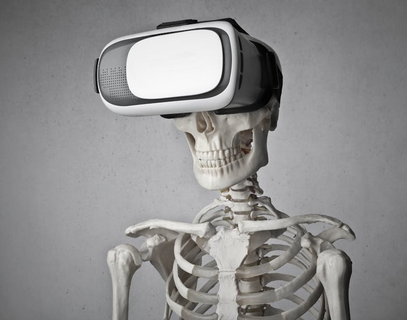 Humorous skeleton with VR headset, blending technology and anatomy in a unique portrait.