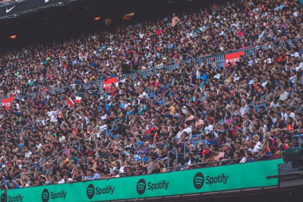 A packed stadium with enthusiastic fans cheering, showcasing diverse spectators.