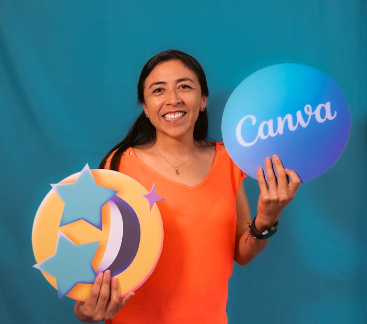 Portrait of a cheerful woman holding Canva logos, perfect for branding content.