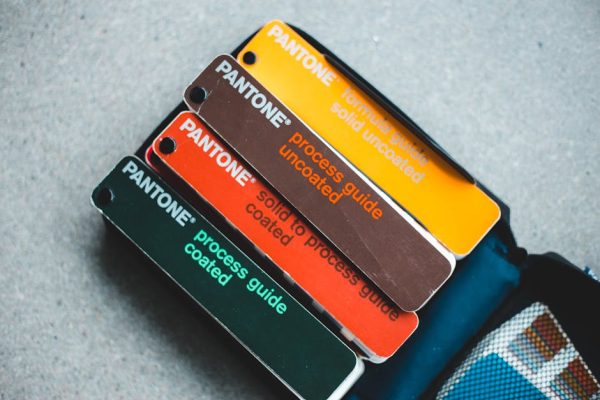 Top view of Pantone color guides showcasing vibrant shades for creative design projects.