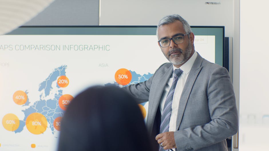 Professional man presenting data with infographic in office setting.