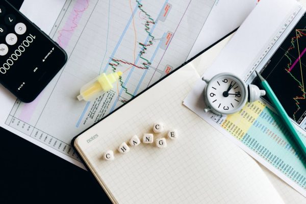 Top view of financial documents with charts, calculator, clock, and the word 'Change' in focus.