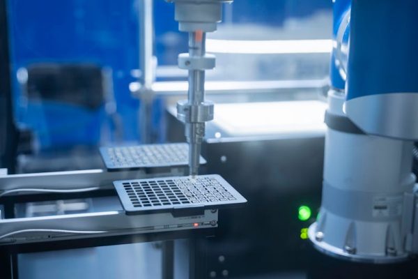 Close-up of robotic arm automating lab processes with precision.