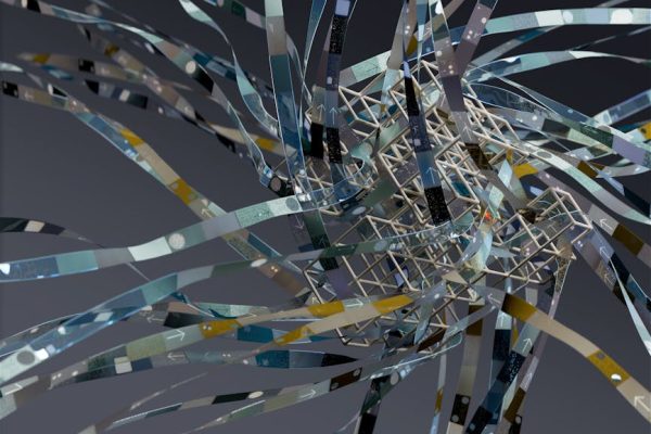 Intricate wireframe with dynamic ribbons in an abstract 3D composition.