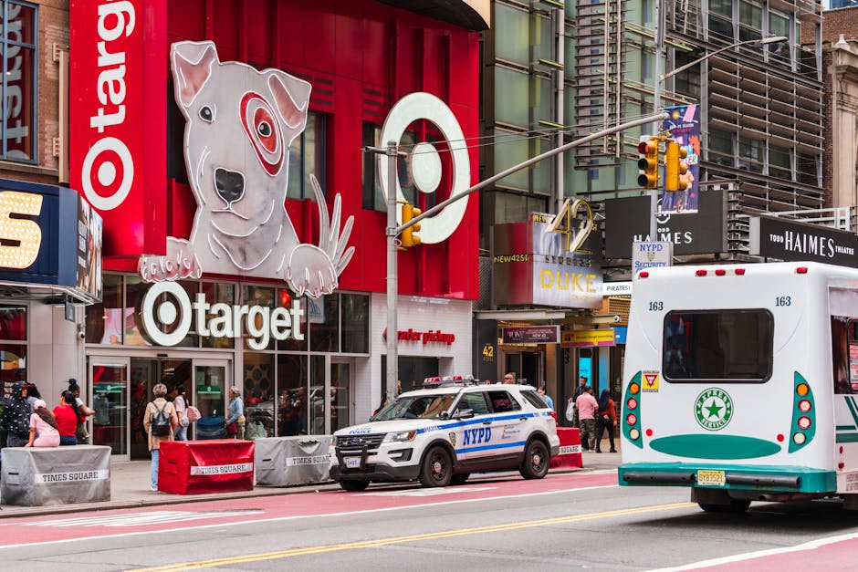 Vibrant street scene in Times Square featuring Target storefront and NYPD car, New York City.