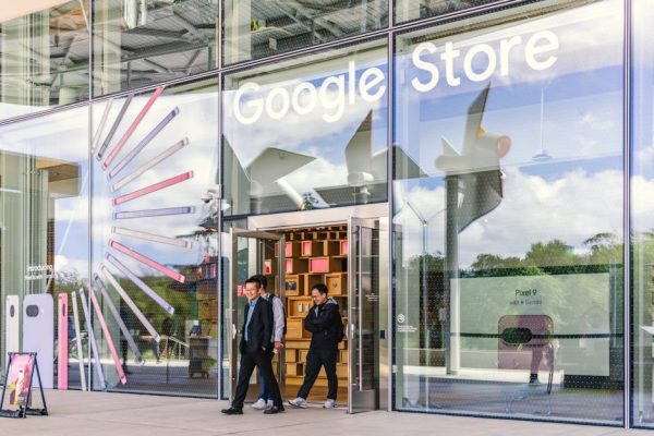 Bright and modern Google Store entrance with clear glass facade in Mountain View, California.