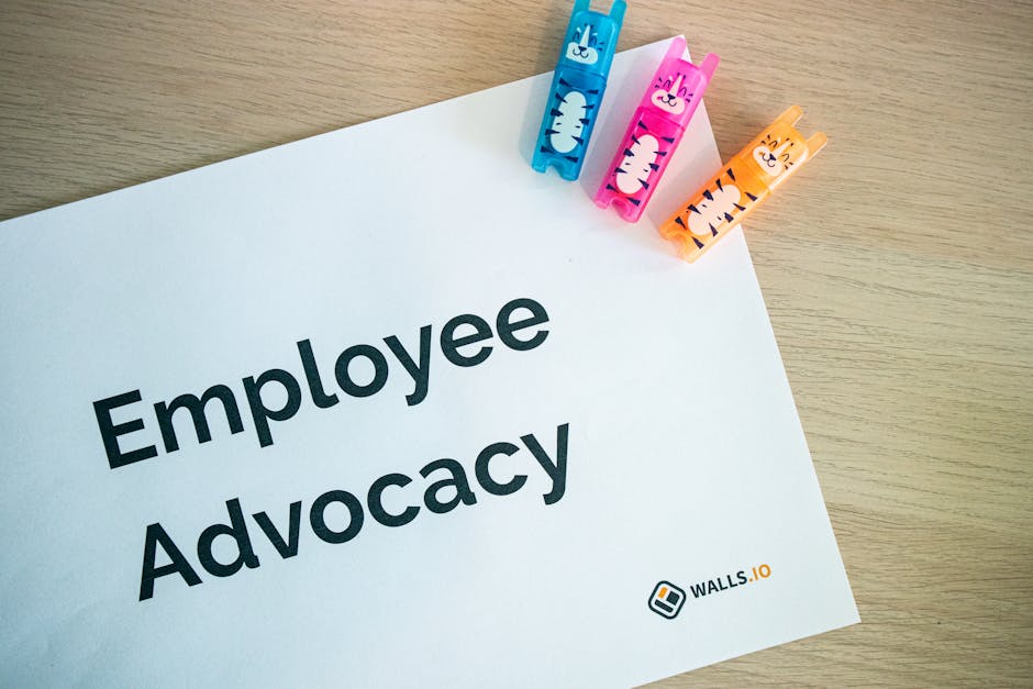 Colorful office stationery featuring quirky clips and 'Employee Advocacy' sign on a desk.