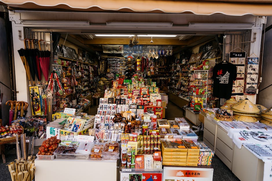 Vibrant market stall with diverse products in Nagano, Japan, showcasing traditional Japanese items.