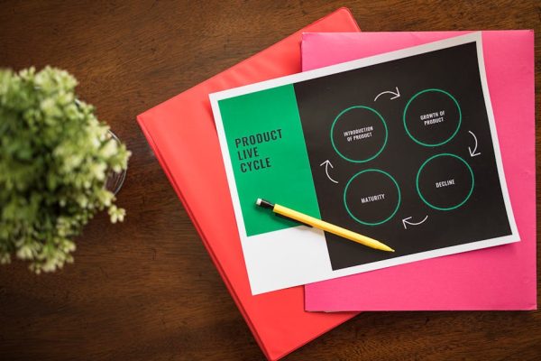 Flat lay of a product lifecycle illustration with a pencil and folders, ideal for business presentations.