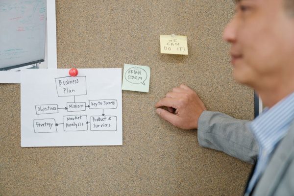 Office worker analyzing business plan on corkboard, boosting teamwork and strategic planning.