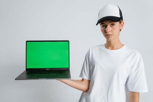 Portrait of a person in a cap holding a laptop with a green screen against a neutral backdrop.