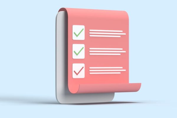 3D illustration of a checklist with checkmarks on a rolled paper sheet against a blue backdrop.