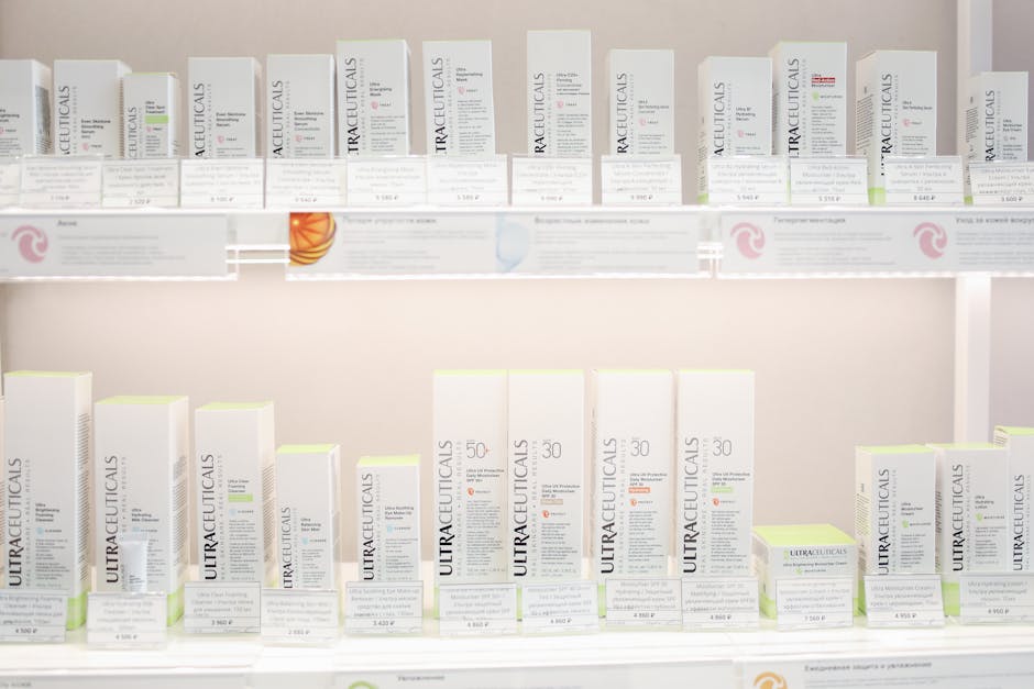 Neatly arranged Ultraceuticals skincare products on bright store shelves.