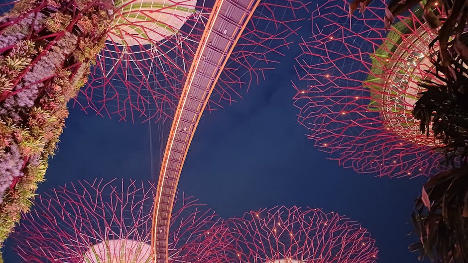 Captivating view of the Supertree Grove illuminated at night in Singapore.
