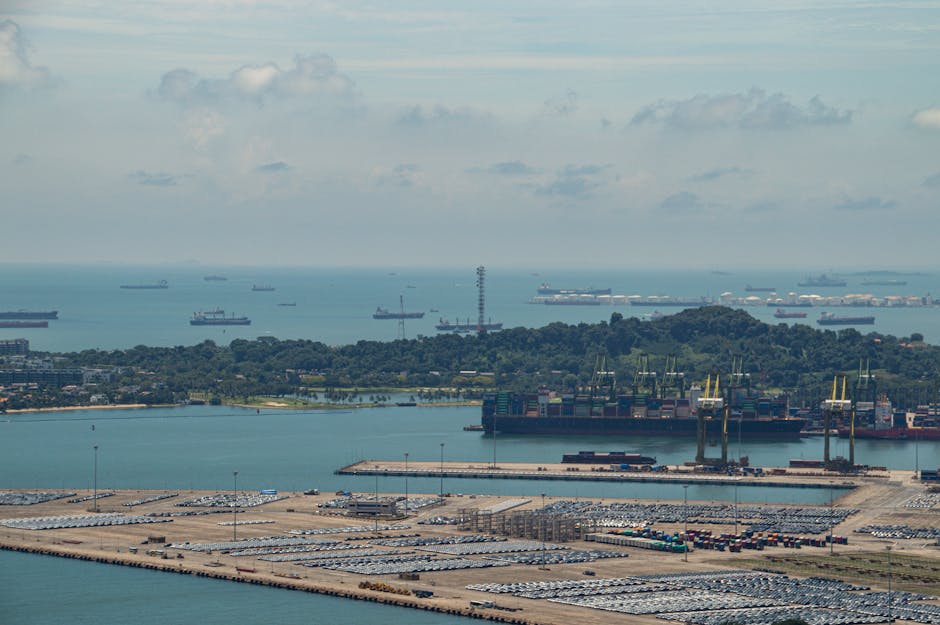 Aerial perspective of Singapore's bustling harbor with ships and shipping containers under a clear sky.