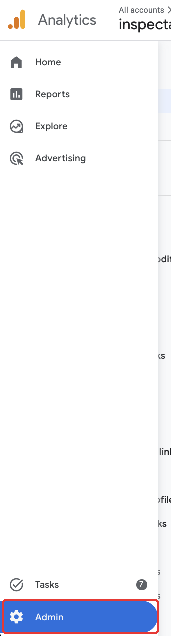 Google Analytics 4 left menu with Admin highlighted