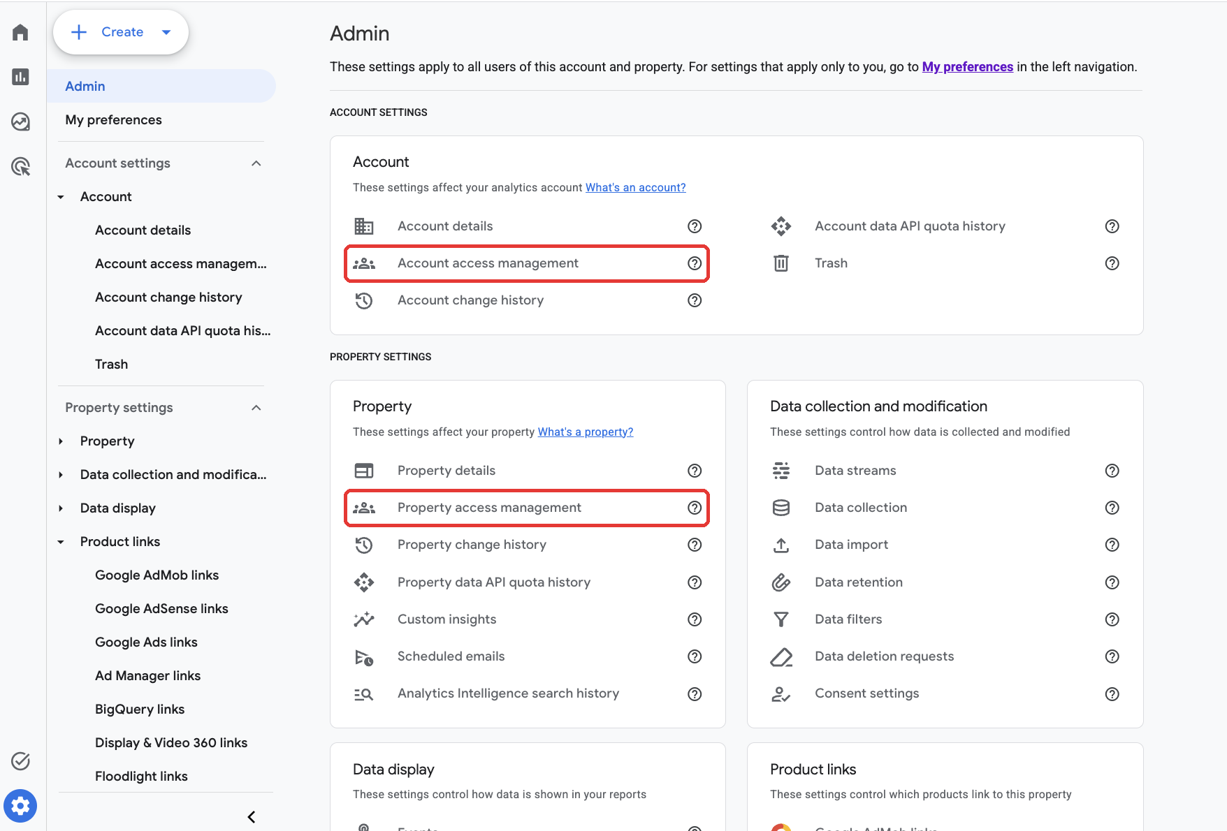 GA4 Admin page with Account access management and Property access management highlighted