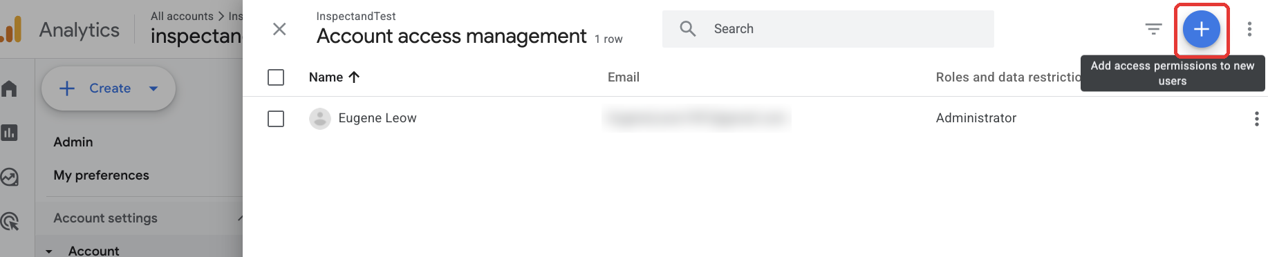 GA4 Account access management with the add (+) button highlighted