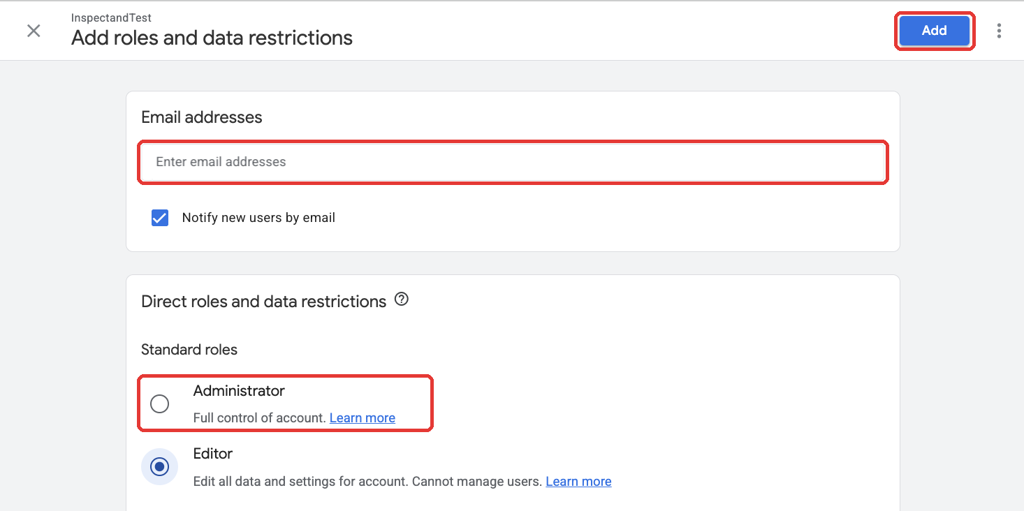 GA4 Add roles and data restrictions screen with email field, Administrator role and Add button highlighted