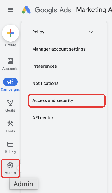Google Ads menu with Admin and Access and security highlighted