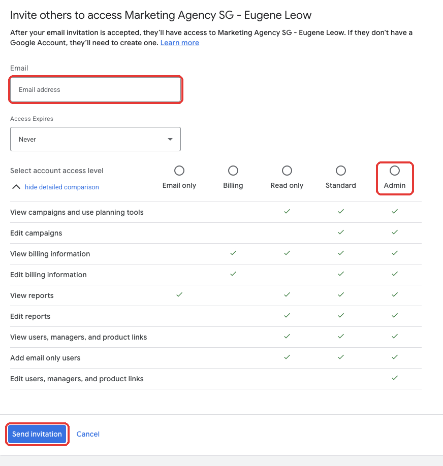 Google Ads invite form with email field, Admin access level and Send invitation highlighted