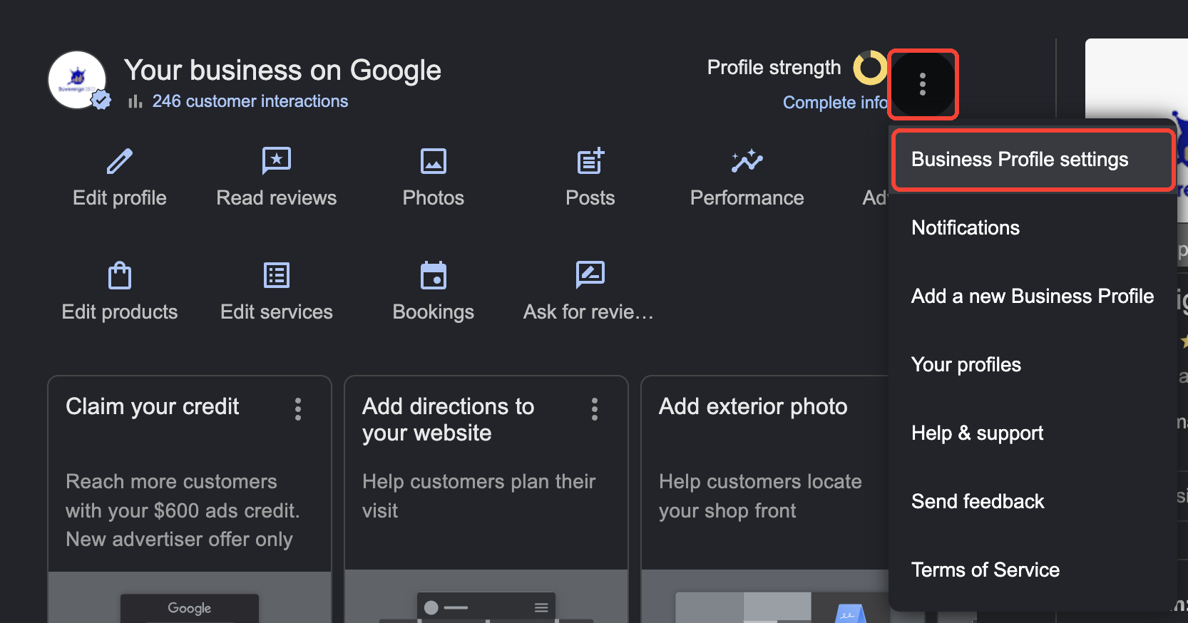 Google Business Profile panel with the three-dot menu and Business Profile settings highlighted