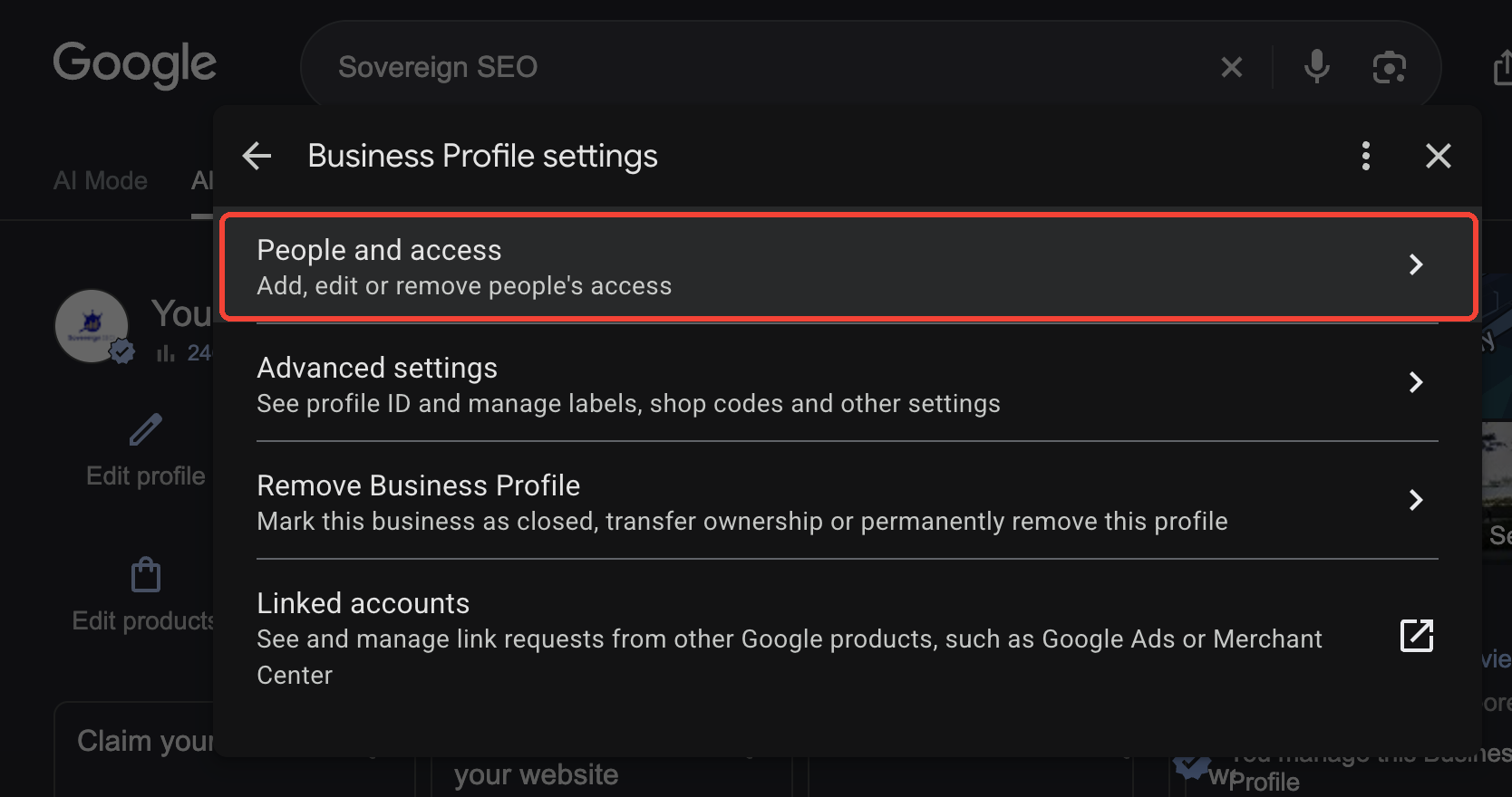 Business Profile settings with People and access highlighted