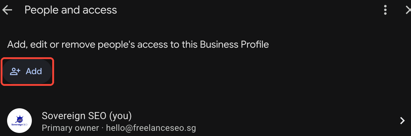 Business Profile People and access screen with the Add button highlighted