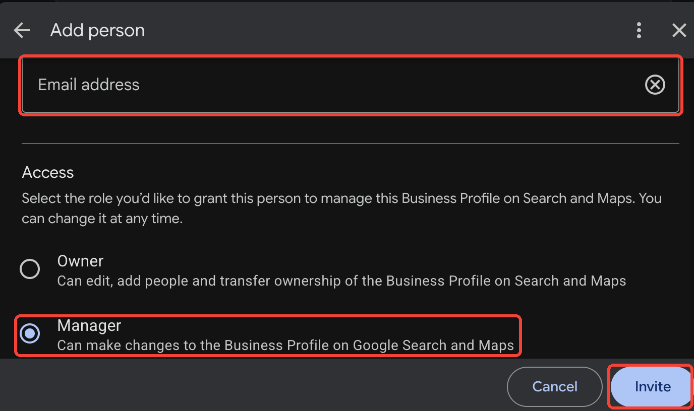 Business Profile Add person dialog with email field, Manager role and Invite highlighted