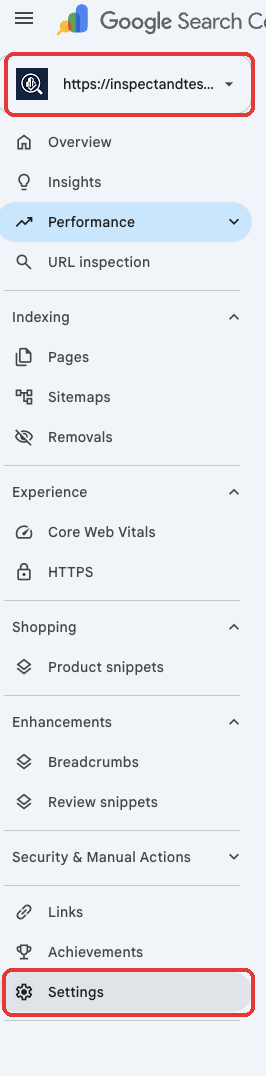 Google Search Console menu with property selector and Settings highlighted