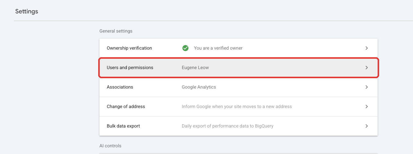 Search Console Settings page with Users and permissions highlighted