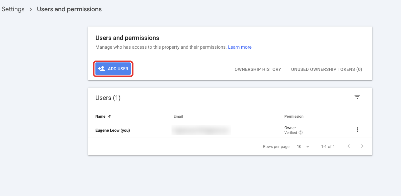Search Console Users and permissions page with Add User highlighted
