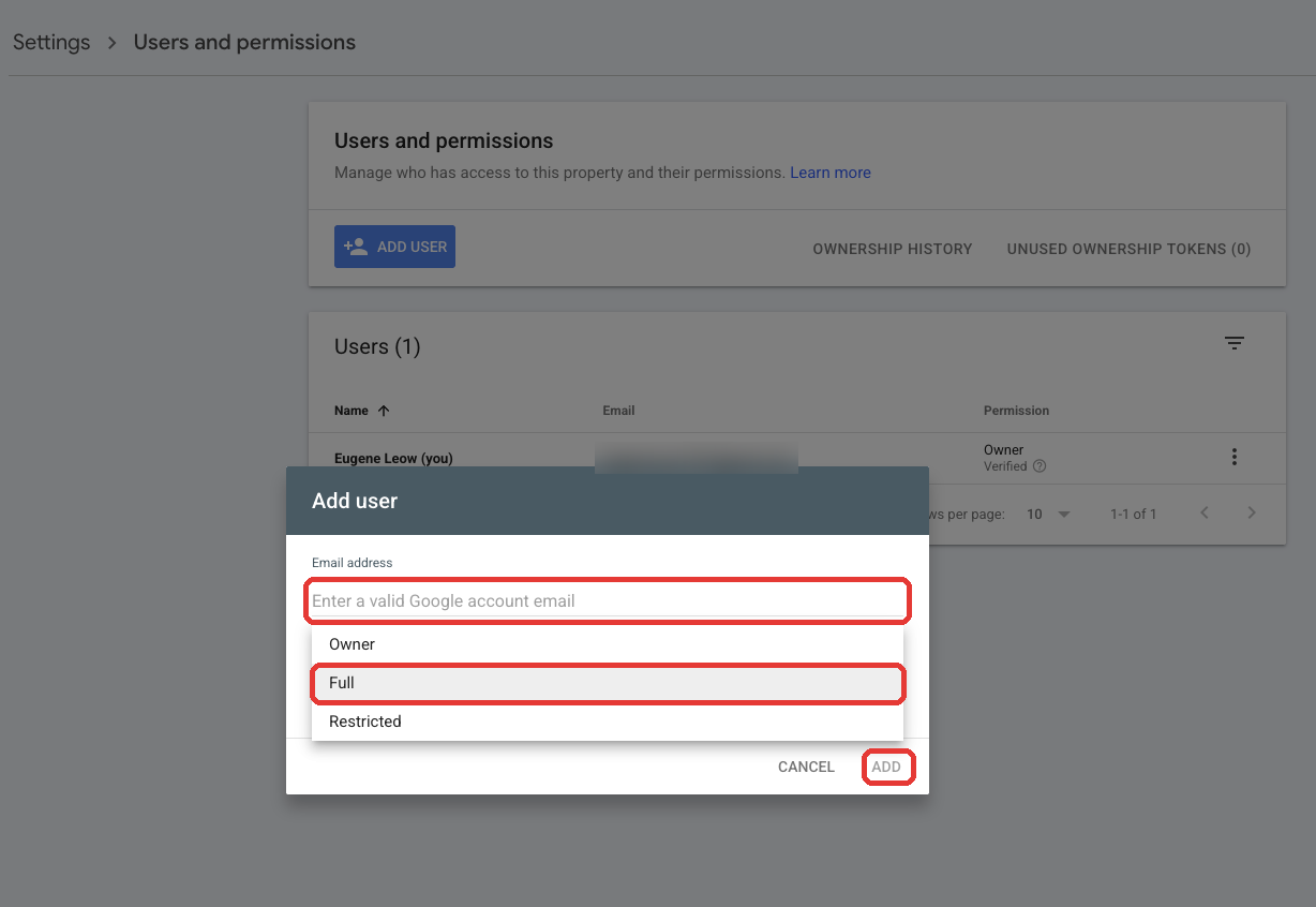 Search Console Add user dialog with email field, Full permission and Add highlighted