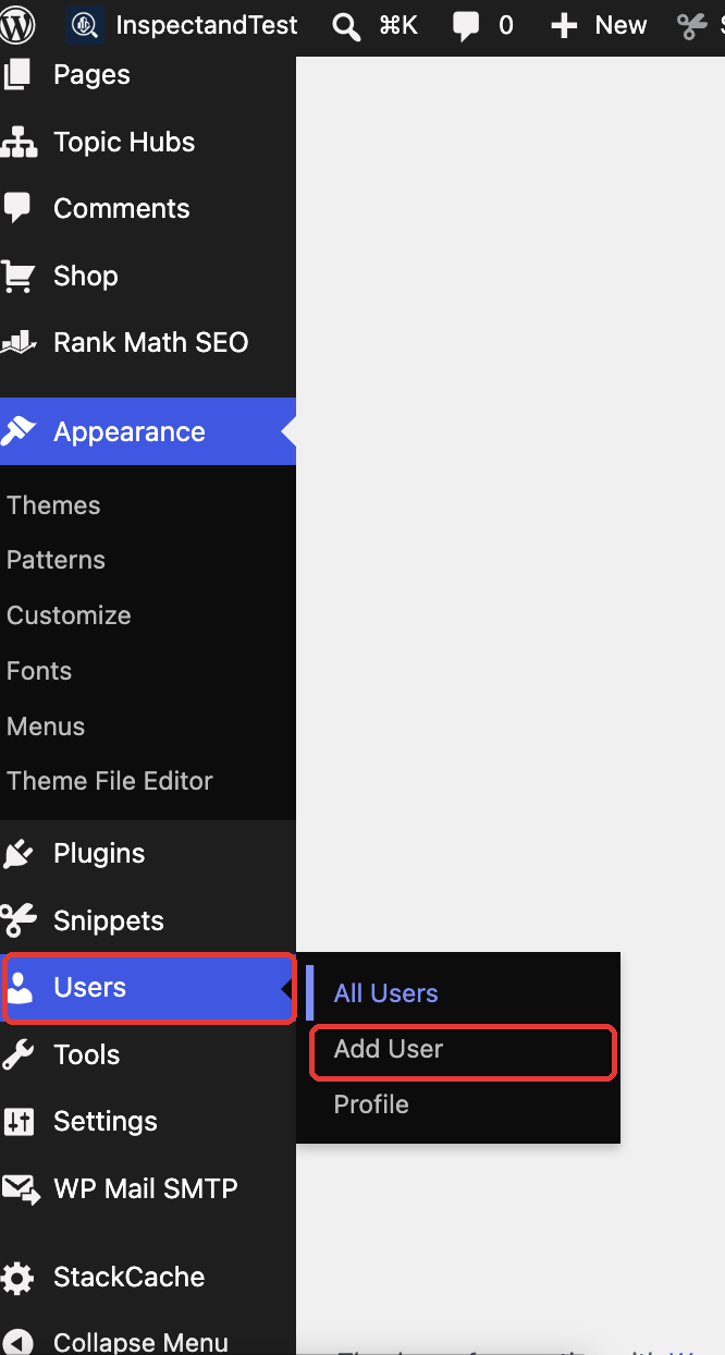WordPress admin menu with Users and Add User highlighted