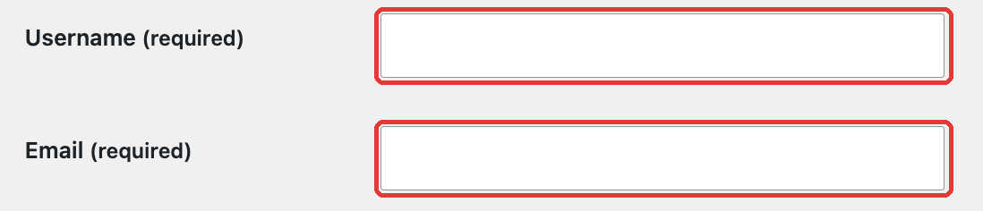 WordPress Add User form with Username and Email fields highlighted