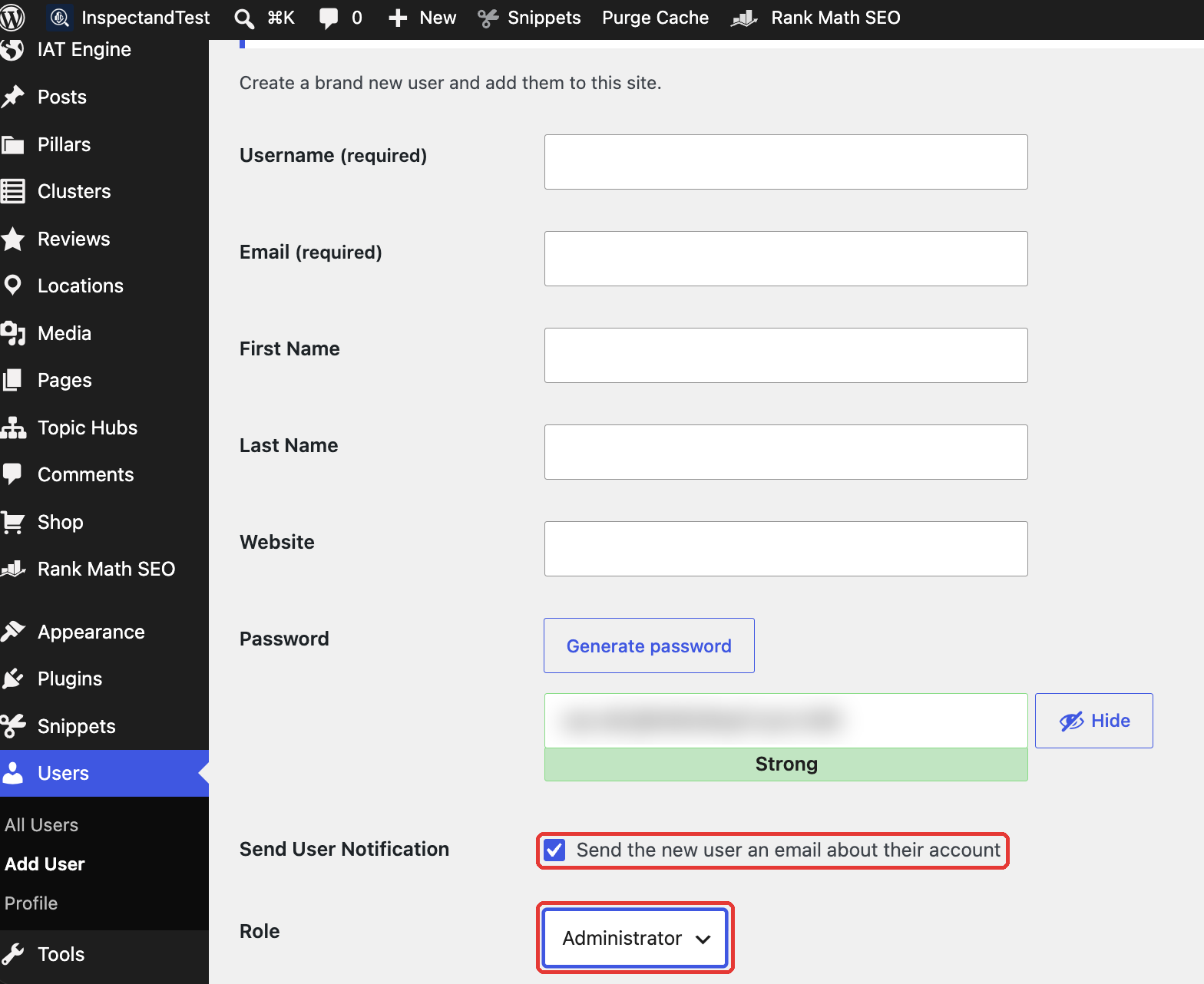 WordPress Add User form with Send User Notification ticked and Administrator role selected